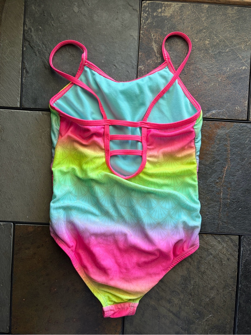Girls Neon Rainbow One-Piece Swimsuit - Pink, Yellow, Blue - Picture 2 of 3